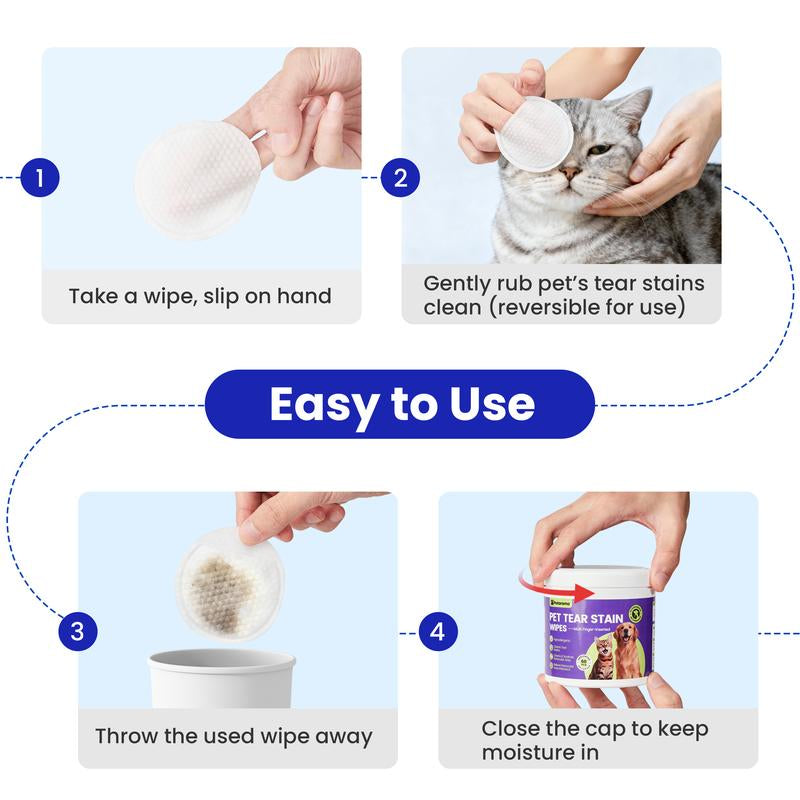 Pet Eye Wipes Hypoallergenic Tear Stain Remover for Dogs & Cats, Hand-Injserted Design Double Layer Thickened Gentle Cleaner for Discharge, Crust, Booger & Debris– Soothing Wash for Eyes, Wrinkle, Face, 60 Pads